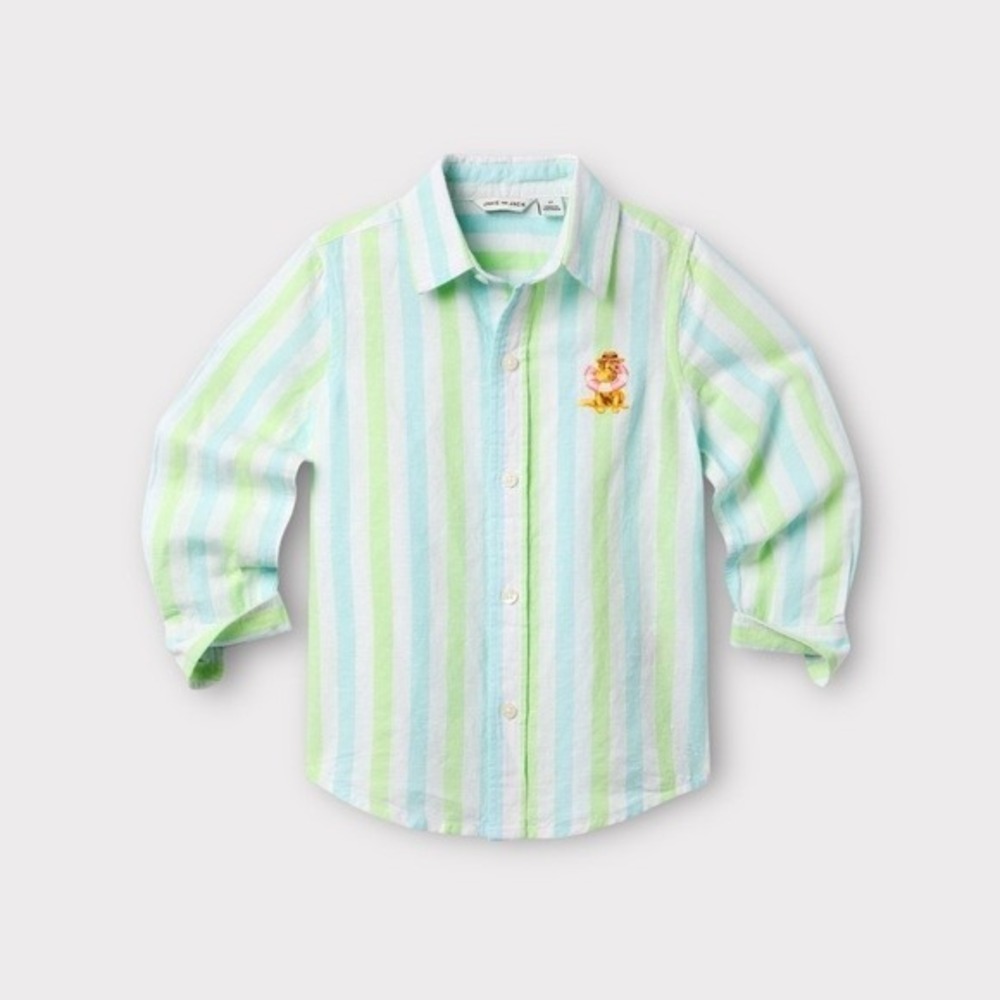 Janie and Jack x Gray Malin Boys Striped Linen Cotton Shirt Green Blue Size 4 - Picture 12 of 12